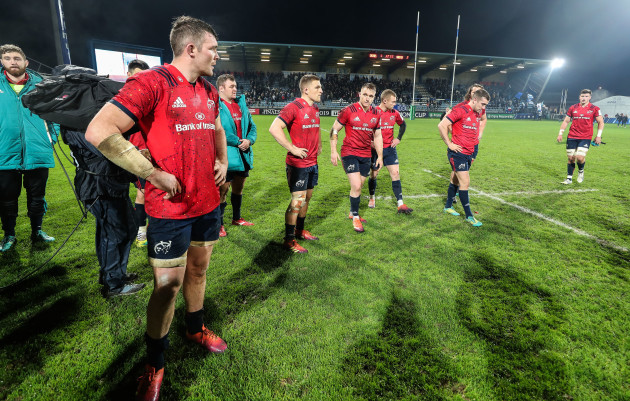 Peter O’Mahony, Dave Kilcoyne, Andrew Conway, Rory Scannell, Keith Earls and JJ Hanrahan dejected after the game
