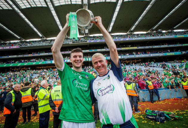 Declan Hannon and manager John Kiely celebrate with the Liam MacCarthy