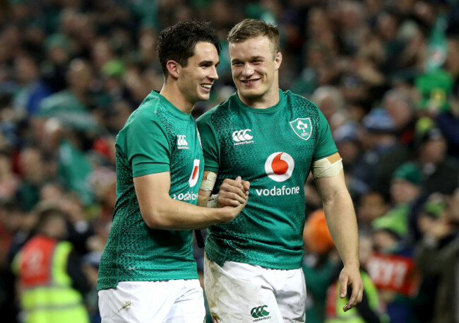 Joey Carbery and Josh van der Flier celebrate after the game