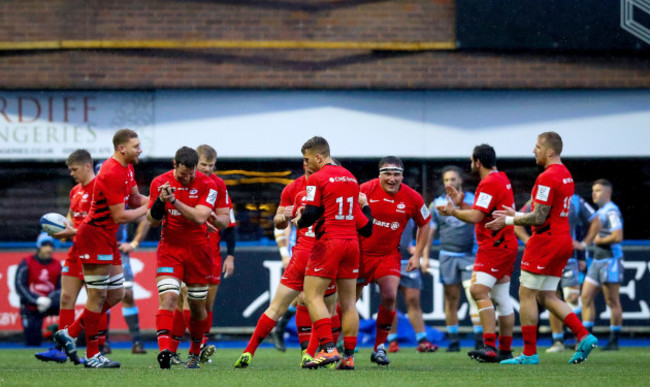 Saracens celebrate a try being awarded