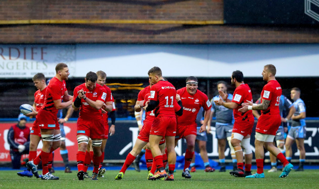 Saracens celebrate a try being awarded