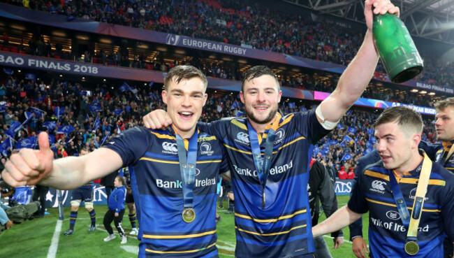 Leinster's Garry Ringrose with Robbie Henshaw and Luke McGrath celebrate