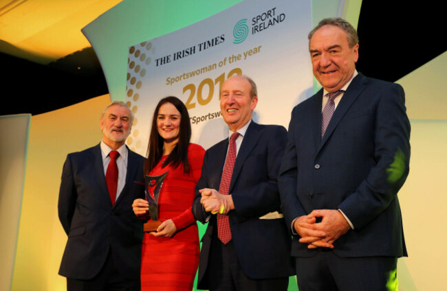 Kieran Mulvey,  Shane Ross TD and Malachy Logan with Kellie Harrington