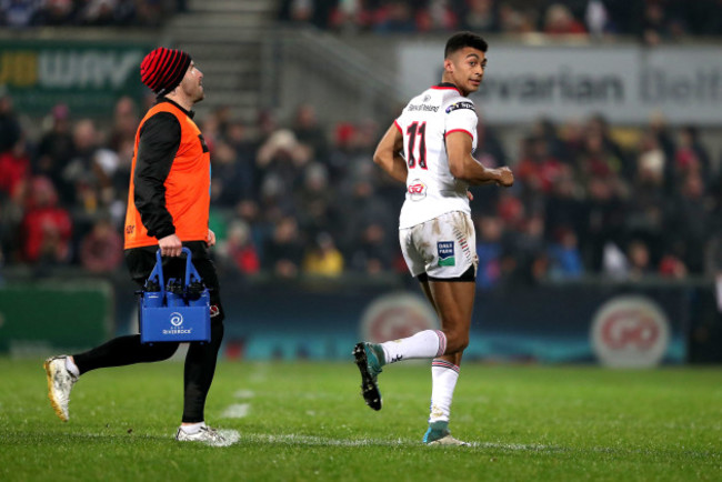 Robert Baloucoune leaves the pitch after receiving a yellow card