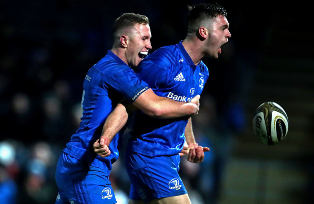 Rory O'Loughlin celebrates with try scorer Conor O'Brien