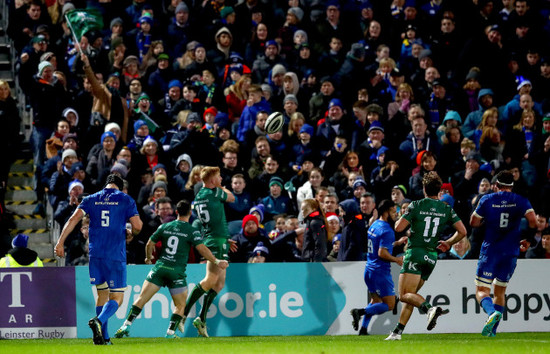 Darragh Leader celebrates scoring his side's second try with Caolin Blade