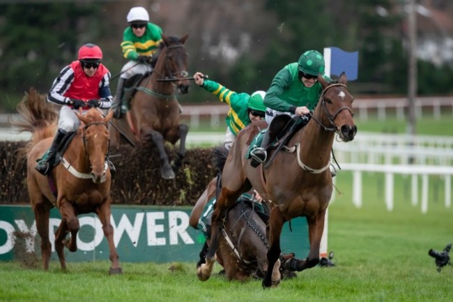 Ruby Walsh clears the last on FootPad ahead of eventual winner Mark Walsh on Simply Ned as Barry Geraghty falls from Ballyoisin