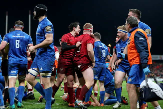 Joey Carbery and John Ryan celebrate Chris Cloete's try