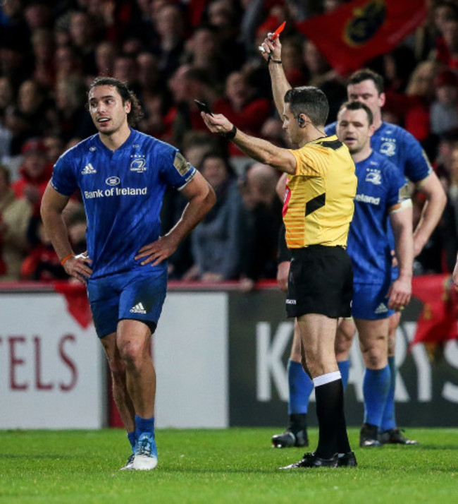 James Lowe is shown a red card by referee Frank Murphy