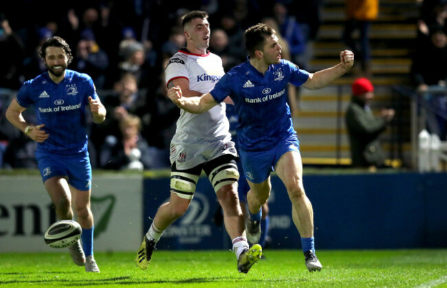 Conor O'Brien celebrates scoring their third try