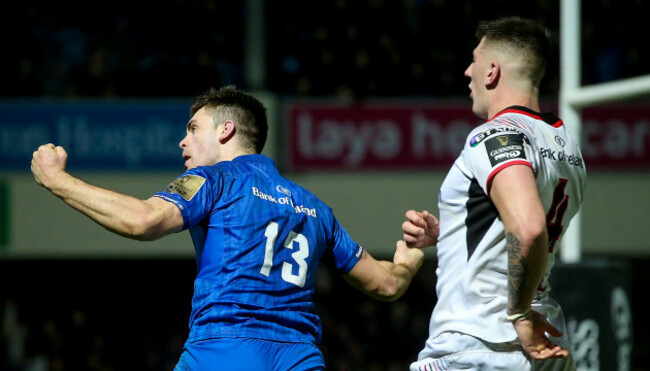 Conor O'Brien celebrates scoring a try