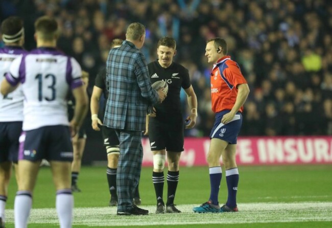 Ex Scotland international Doddie Weir who is suffering from Motor Neurone disease presents the ball to the teams