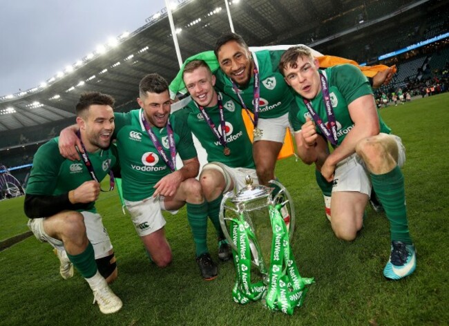 Conor Murray, Rob Kearney, Dan Leavy, Bundee Aki and Garry Ringrose celebrate winning