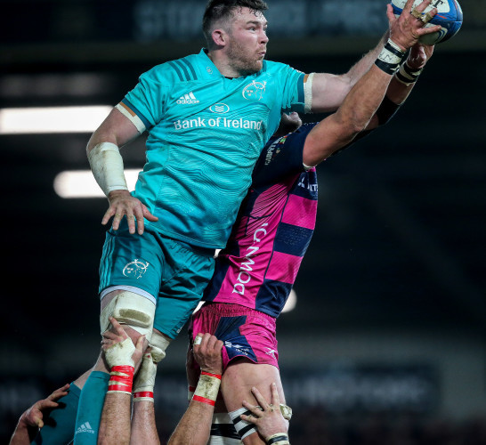 Franco Mostert competes for a line out with Peter O'Mahony