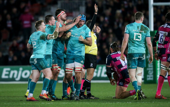 Rory Scannell, Tommy O'Donnell and Jean Kleyn congratulate Tadhg Beirne on winning a penalty