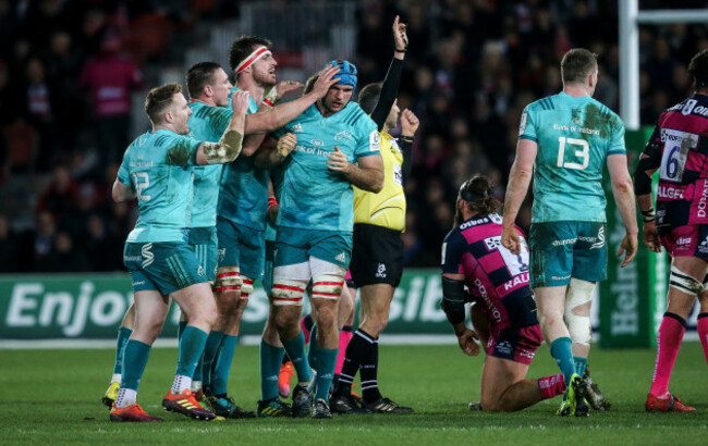 Rory Scannell, Tommy O'Donnell and Jean Kleyn congratulate Tadhg Beirne on winning a penalty