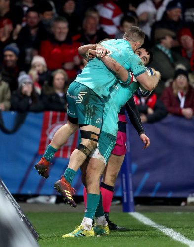 Conor Murray congratulates Andrew Conway after scoring a try