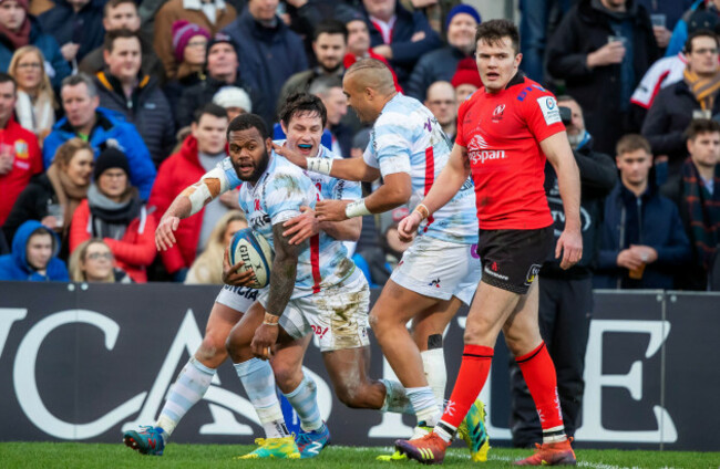 Virimi Vakatawa is congratulated by Simon Zebo and Henry Chavancy after scoring a try