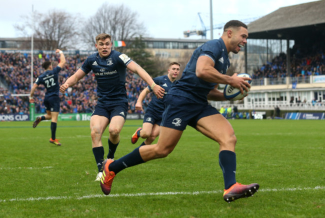 Adam Byrne scores a try as Garry Ringrose celebrates