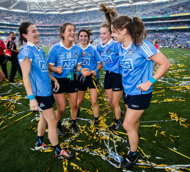 Sinead Aherne, Tarah O’Sullivan, Niamh Collins, Deirdre Murphy and Noelle Healy celebrate