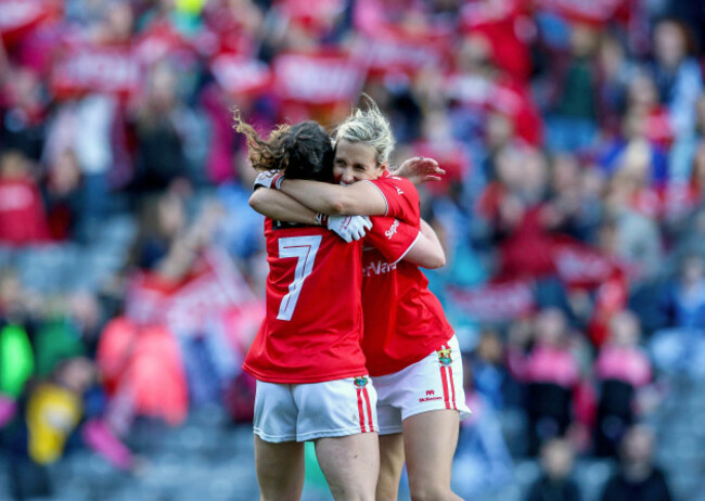 Brid Stack celebrates with Shauna Kelly at the final whistle