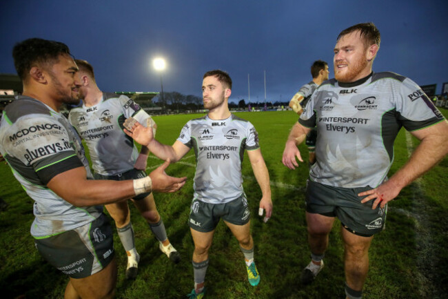 Bundee Aki, Caolin Blade and Conor Carey celebrate winning