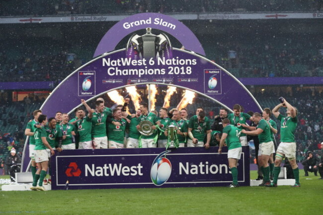 The Ireland team celebrate winning the grand slam