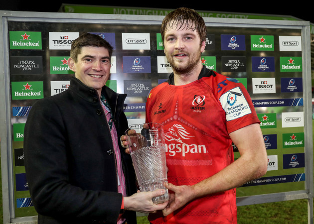Iain Henderson receives the heineken man of the match award from Tom Boereboom