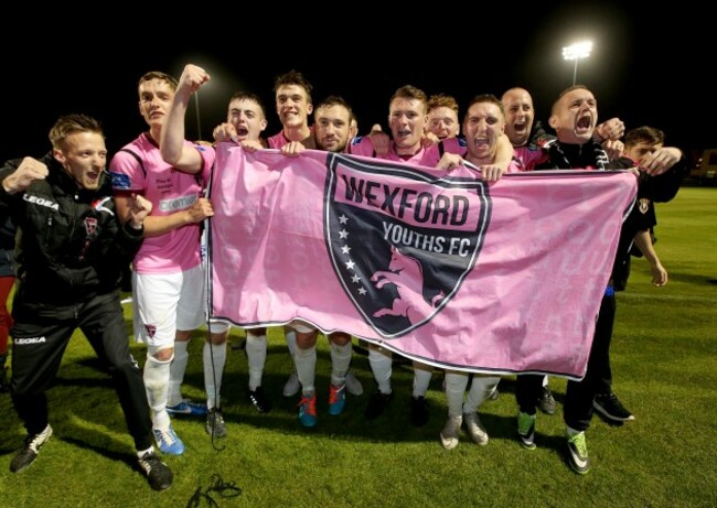 Wexford Youths celebrate after the game gaining promotion