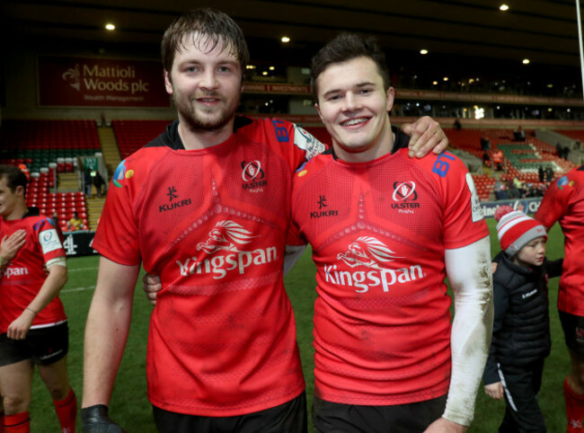 Iain Henderson and Jacob Stockdale celebrate after the game