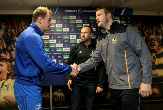 Rhys Ruddock and Joe Launchbury with Mike Adamson at the coin toss