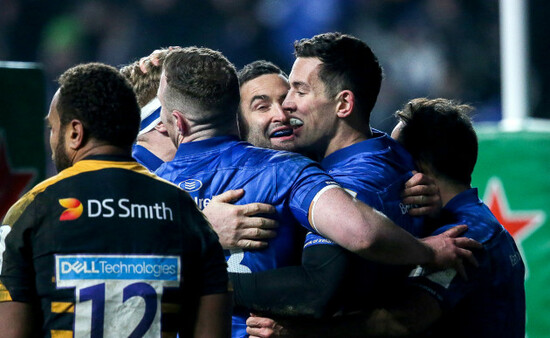 Noel Reid celebrates scoring a try with Dave Kearney, Rory OÕLoughlin and Jamison Gibson-Park