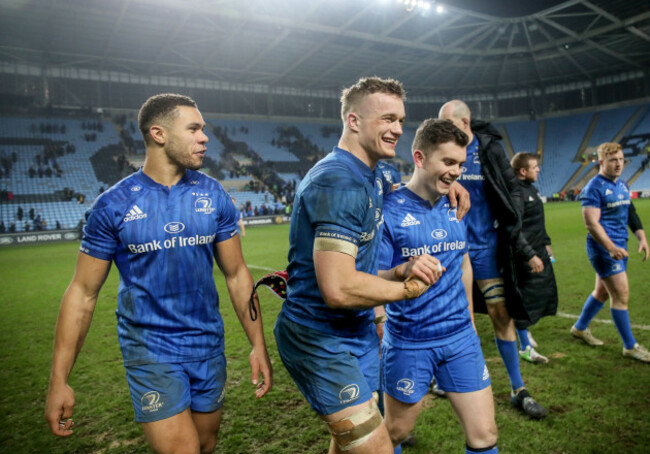 Adam Byrne, Josh van der Flier and Hugh O'Sullivan celebrate winning