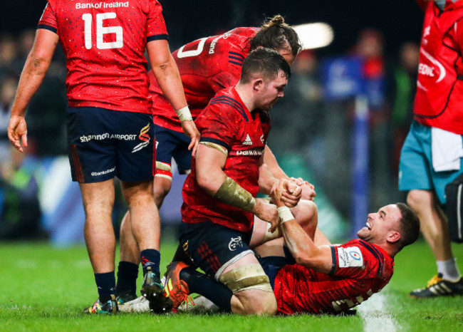 Alby Mathewson, Peter O'Mahony and Arno Botha celebrate at the final whistle