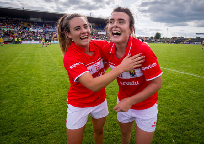 Orlagh Farmer and Doireann O'Sullivan celebrate after the game