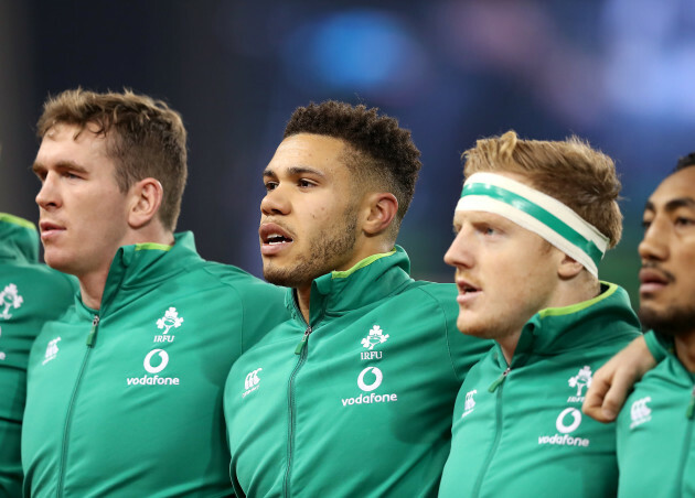 Chris Farrell, Adam Byrne and James Tracy stand for the anthems