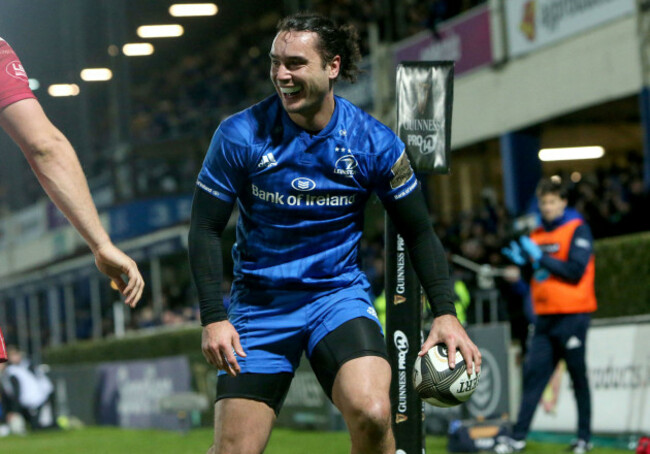 James Lowe celebrates scoring a try