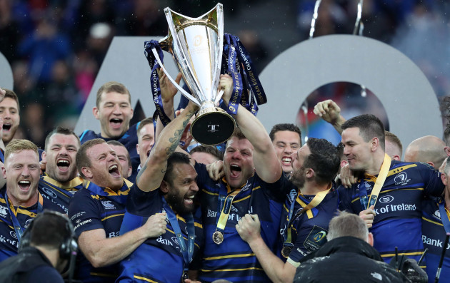 Isa Nacewa and Jordi Murphy lift the European Rugby Champions Cup trophy