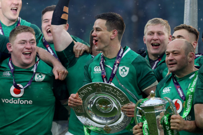 Tadhg Furlong, Johnny Sexton and Rory Best celebrate winning the grand slam