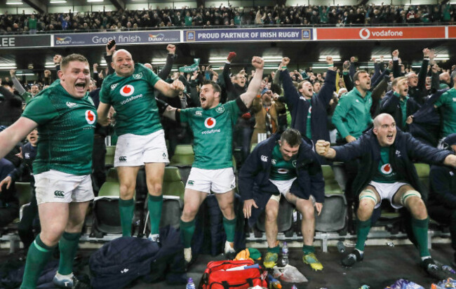 Tadhg Furlong, Rory Best, Cian Healy, Peter O'Mahony and Devin Toner celebrate winning