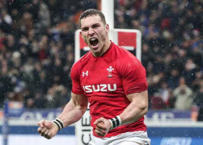 George North celebrates scoring their third try