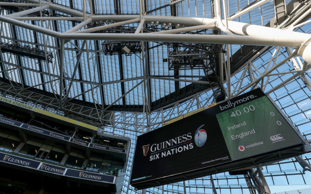 A general view of the score board in the Aviva Stadium