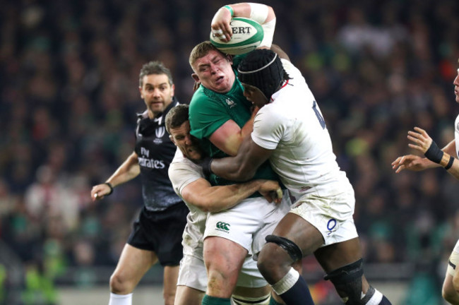 Tadhg Furlong with Maro Itoje and Mark Wilson