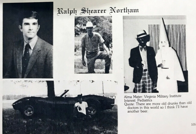 Virginia governor's yearbook page shows men in blackface and KKK robe