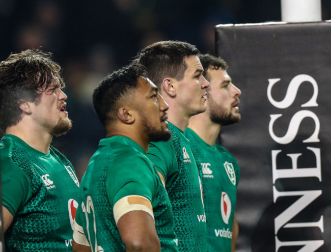 Andrew Porter, Bundee Aki, Jonathan Sexton and Robbie Henshaw after an England try