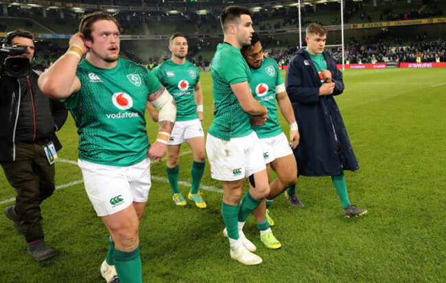 Andrew Porter, John Cooney, Conor Murray, Bundee Aki and Garry Ringrose dejected after the game