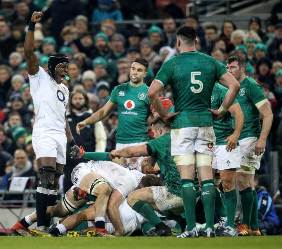 Maro Itoje celebrates his side winning a turnover