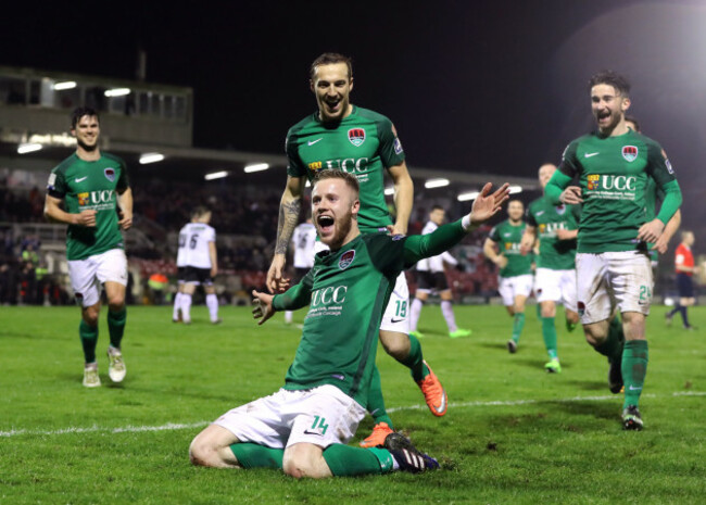 Kevin O'Connor celebrates scoring their second goal from a free kick with Karl Shepard and Sean Maguire