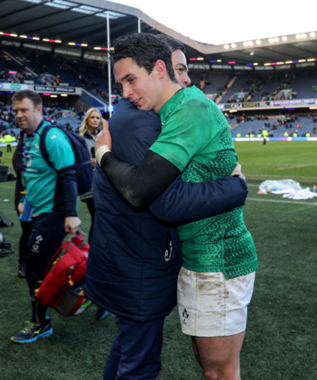 Joey Carbery celebrates winning with Johann van Graan