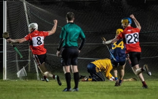 Conor Browne and Dara Walsh celebrate a winning penalty in the last seconds of extra-time